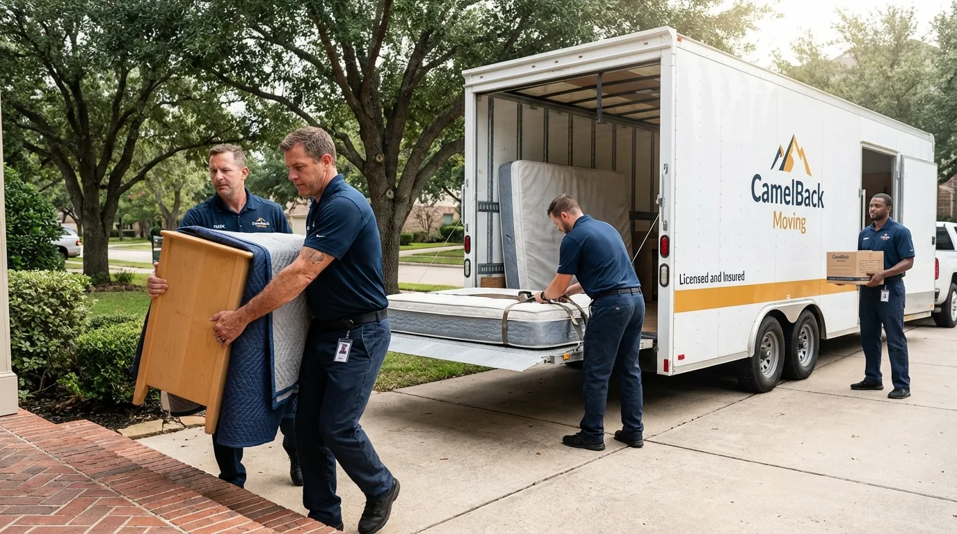 Crew loading residential truck for cross-state move from Hamlin, TX