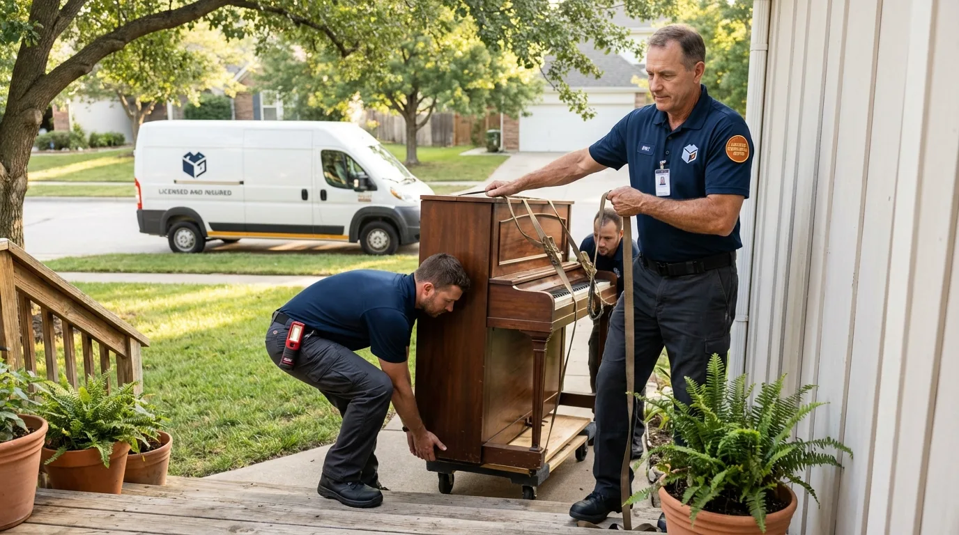 Licensed piano movers securing grand piano in Hamlin, TX
