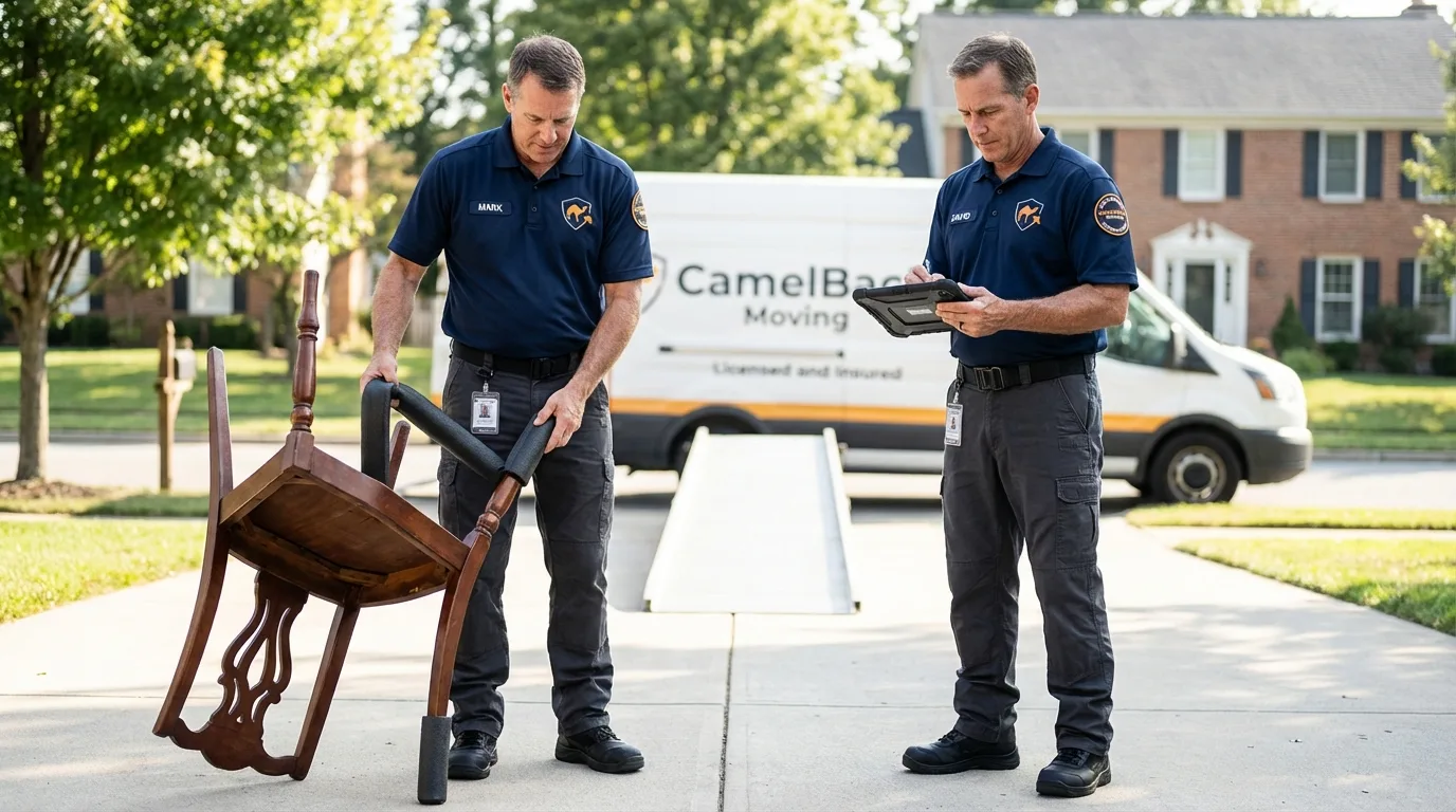 Movers inspecting furniture for damage prevention before loading in Hamlin, TX
