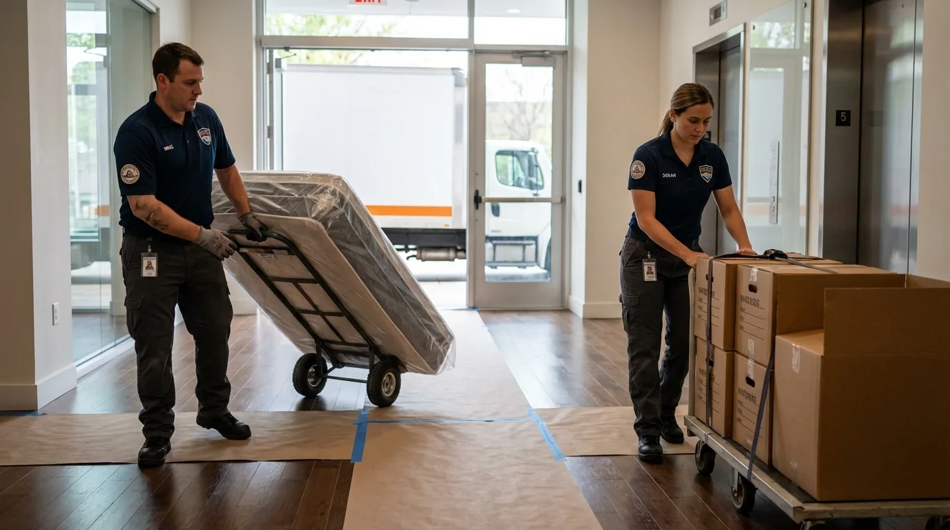 Professional apartment movers loading elevator in Hamlin, TX